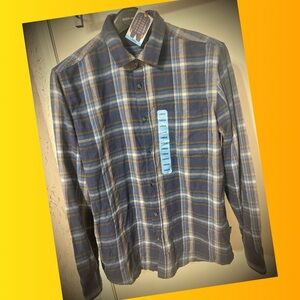 Eddie Bauer Navy and Gold Plaid Button Down Flannel Shirt